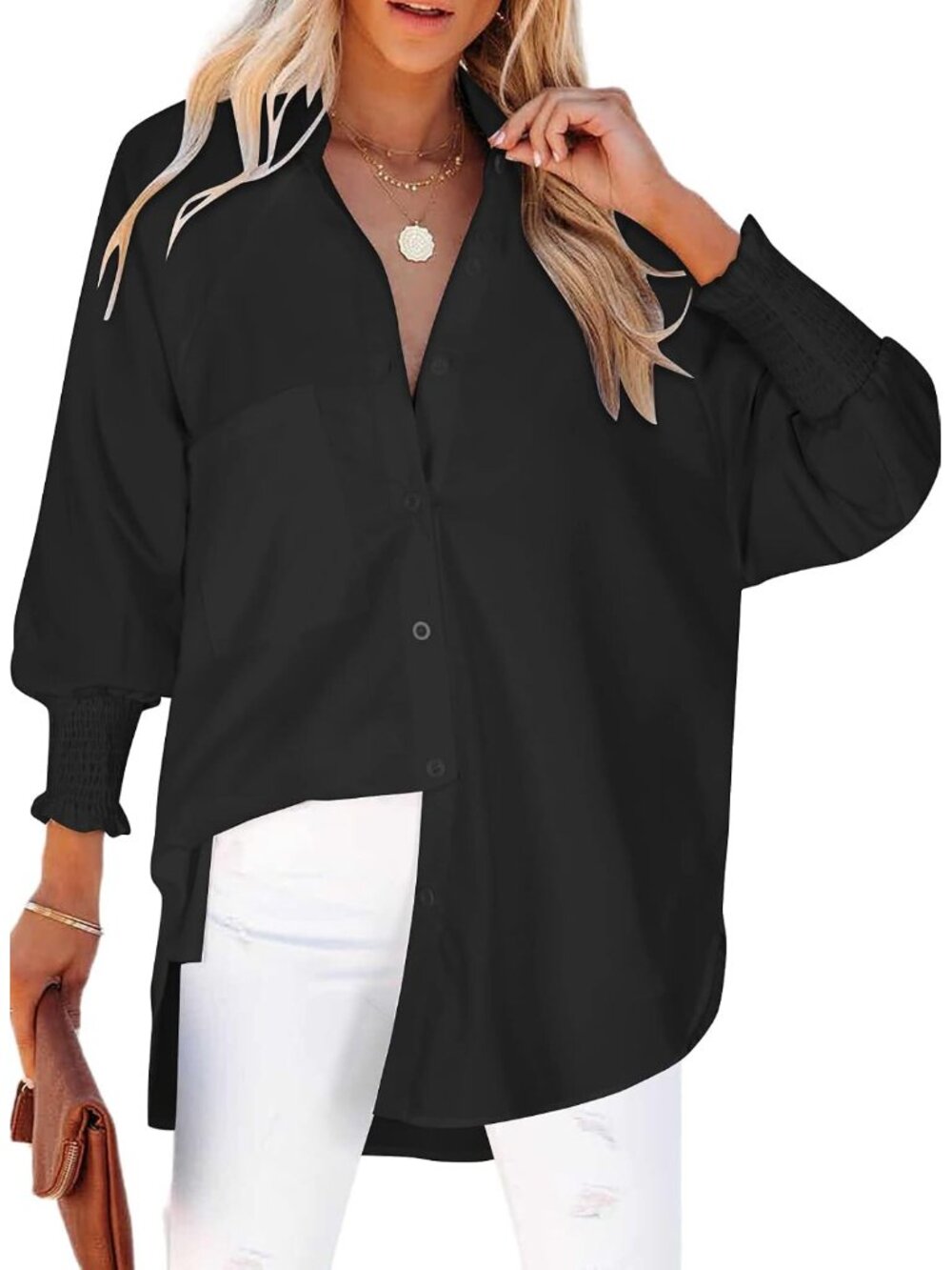 Womens Button Down Blouse Striped Smocked Cuffed Boyfriend Shirt